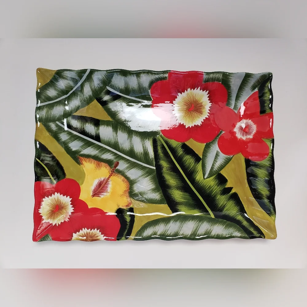 NWOT Ceramic Platter Plate Tray by Jay Import Painted Flower Large 18.5” X 13”